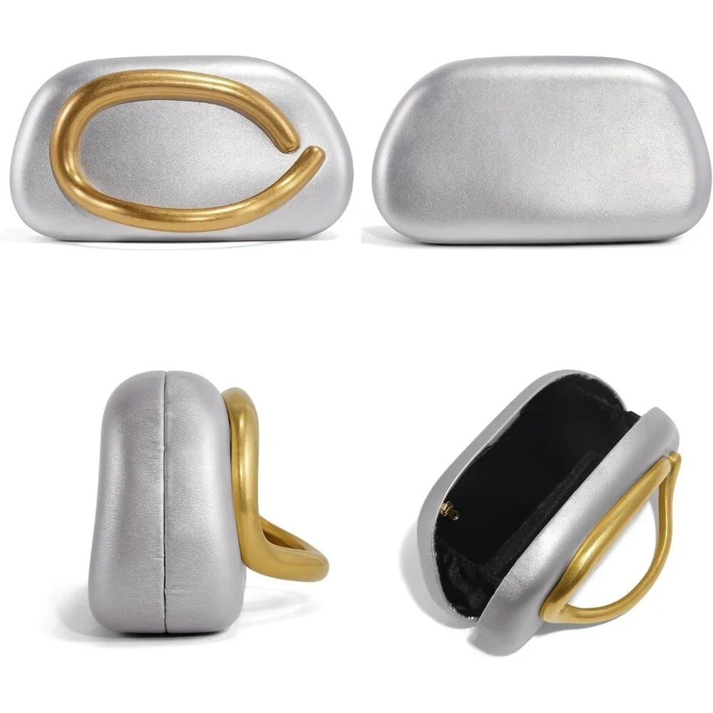 Women's Silver Leather Trendy Formal Evening Clutch Shoulder Strap Handle Bags